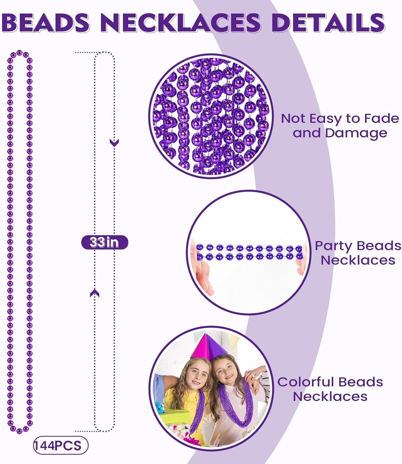 SHAOQINLIN 144 PCS Purple Mardi Gras Beads, 33'' Metallic Purple Bead Necklace Halloween Beaded Necklaces Party Beads for Carnival, Halloween, Christmas, Masquerade Party Favors