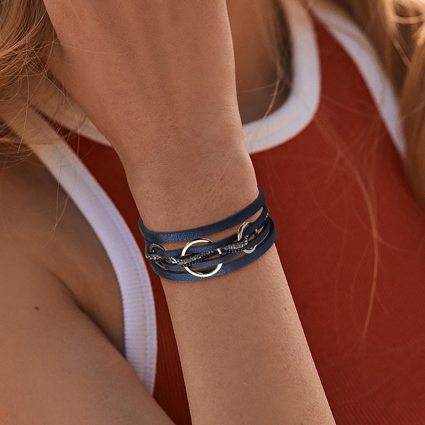 Fesciory Leopard Bracelet for Women, Boho Leather Wrap Multi-Layer Pearl Crystal Bracelet Bangle Jewelry