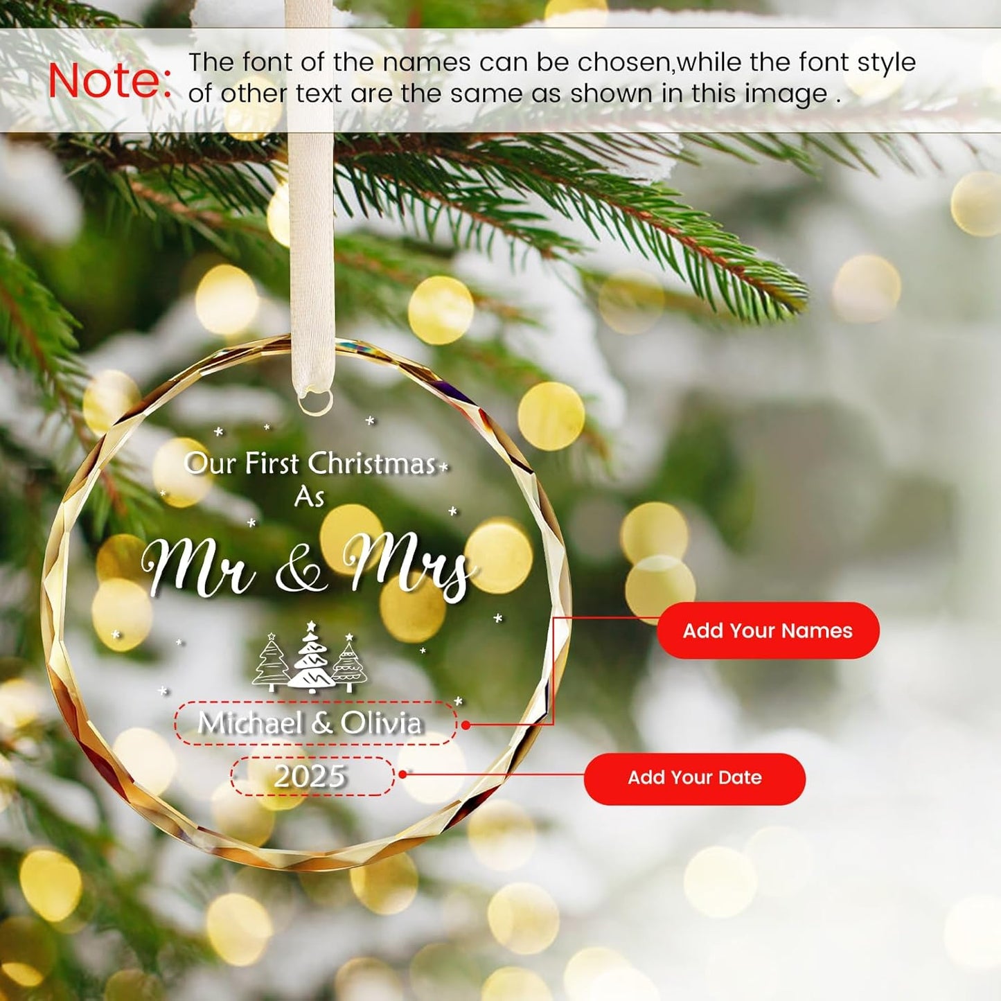 Personalized First Christmas Married Ornament 2025, Custom Engaged Christmas Ornaments with Names, Customized Wedding Engagement Gifts for Newlywed Couples Him Her