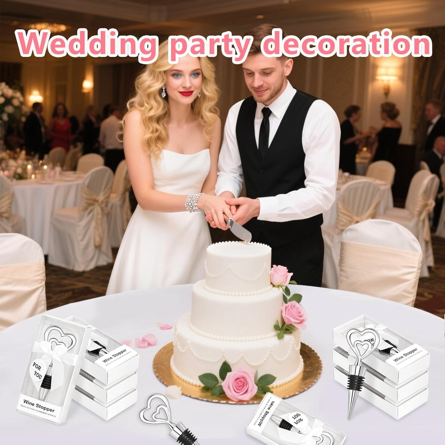 30PCS Double Heart Wine Stoppers for Wedding Favors Bridal Shower Heart Design Party Gifts for Guests Souvenir Decorations with Individual Package