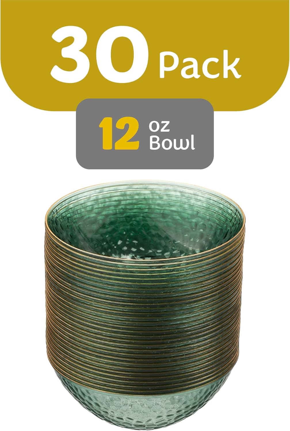 PLASTICPRO 30 Pack 12 Ounce Hammered Plastic Bowls Translucent Green with Gold Rim Heavyweight Disposable Plastic Soup Bowls Elegant Translucent Hammered Gold Rim Platsic Party Dishes