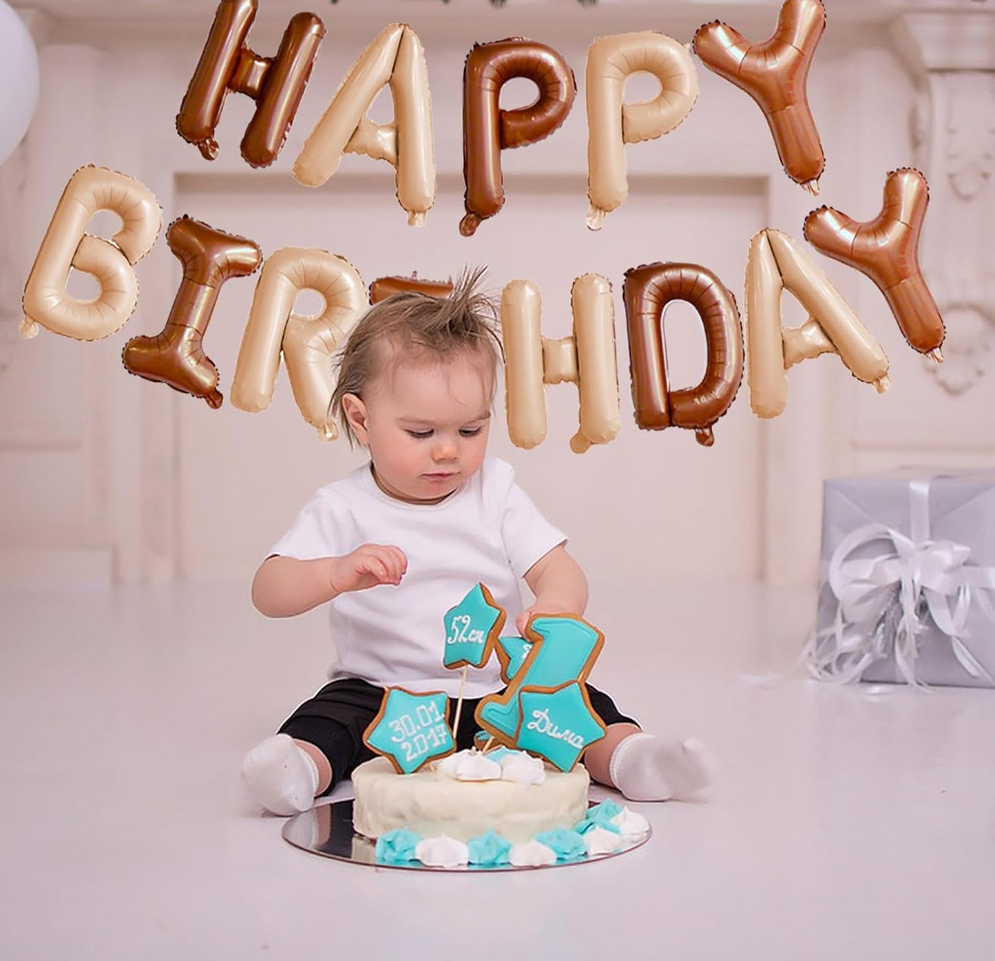 KALOR Beige and Brown Happy Birthday Balloons Banner, 16 Inch Mylar Foil Letters Balloon Sign for Women, Men, Boys & Girls Kids Birthday Decorations Photo Backdrop