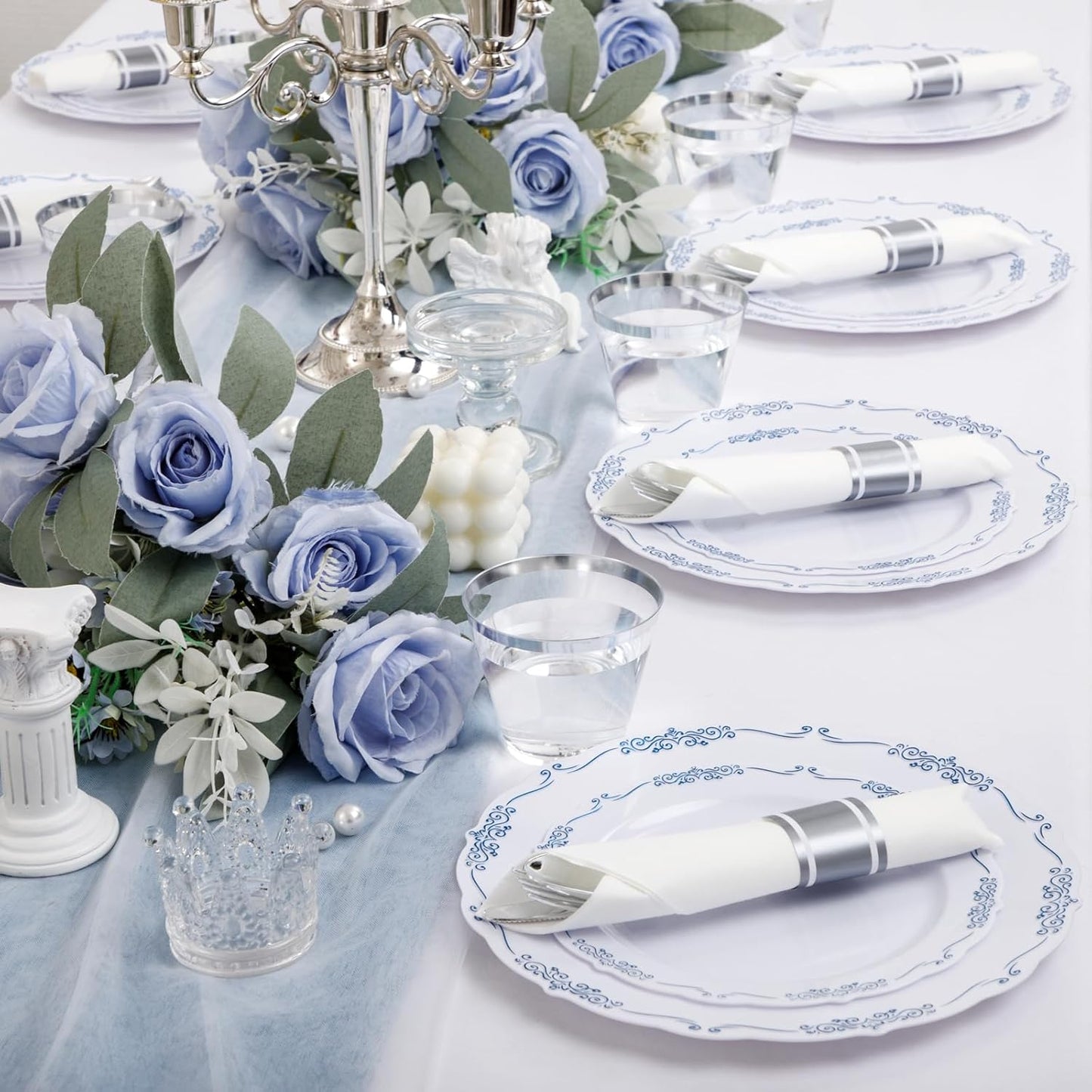 DaYammi 350Pcs Blue and White Plastic Plates Disposable Blue Plates for Party Include 50 Dinner plate,50 Dessert plate- 50 Per Rolled Napkins with Silver Cutlery- 50 Disposable Cups 9 OZ for Wedding