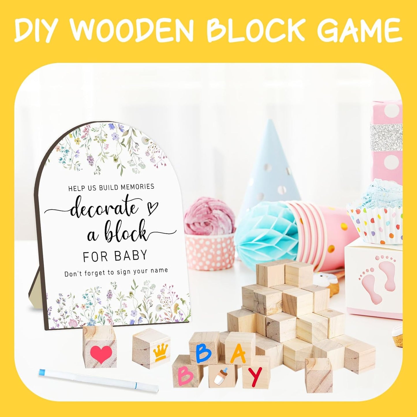 Wildflowers Baby Shower Games Kit, Floral Baby Shower Decor, Floral Baby Shower Games with 50 Blank Wooden Babies Blocks, 24 Acrylic Paint Marker and Wooden Sign, Wildflower Babies Sign for Boys Girls