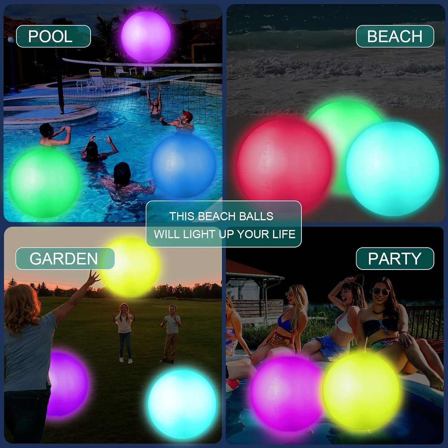 LED Beach Balls Glow in Dark Party Supplies, 2pcs Inflatable Light up Ballon 16'' Floating Pool Light with Remote 16 Color 4 Mode Beach Game Pool Toy Kickball for Neon Party Decoration-4 Lights