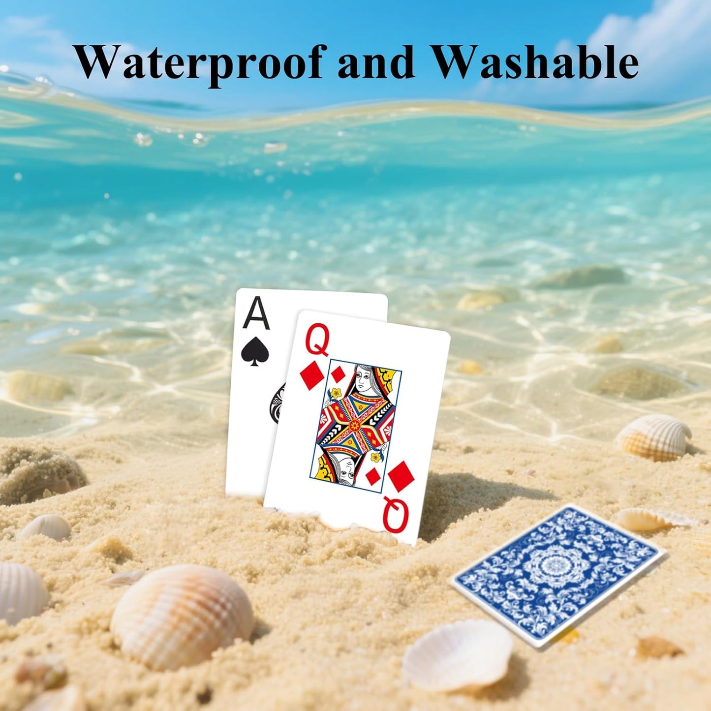 Plastic Playing Cards Waterproof Cards Poker Card 2 Pack Playing Card Large Print for Adults Seniors, Deck of Card Set Poker Cards for Beach Trip Pool Party Games (Blue)