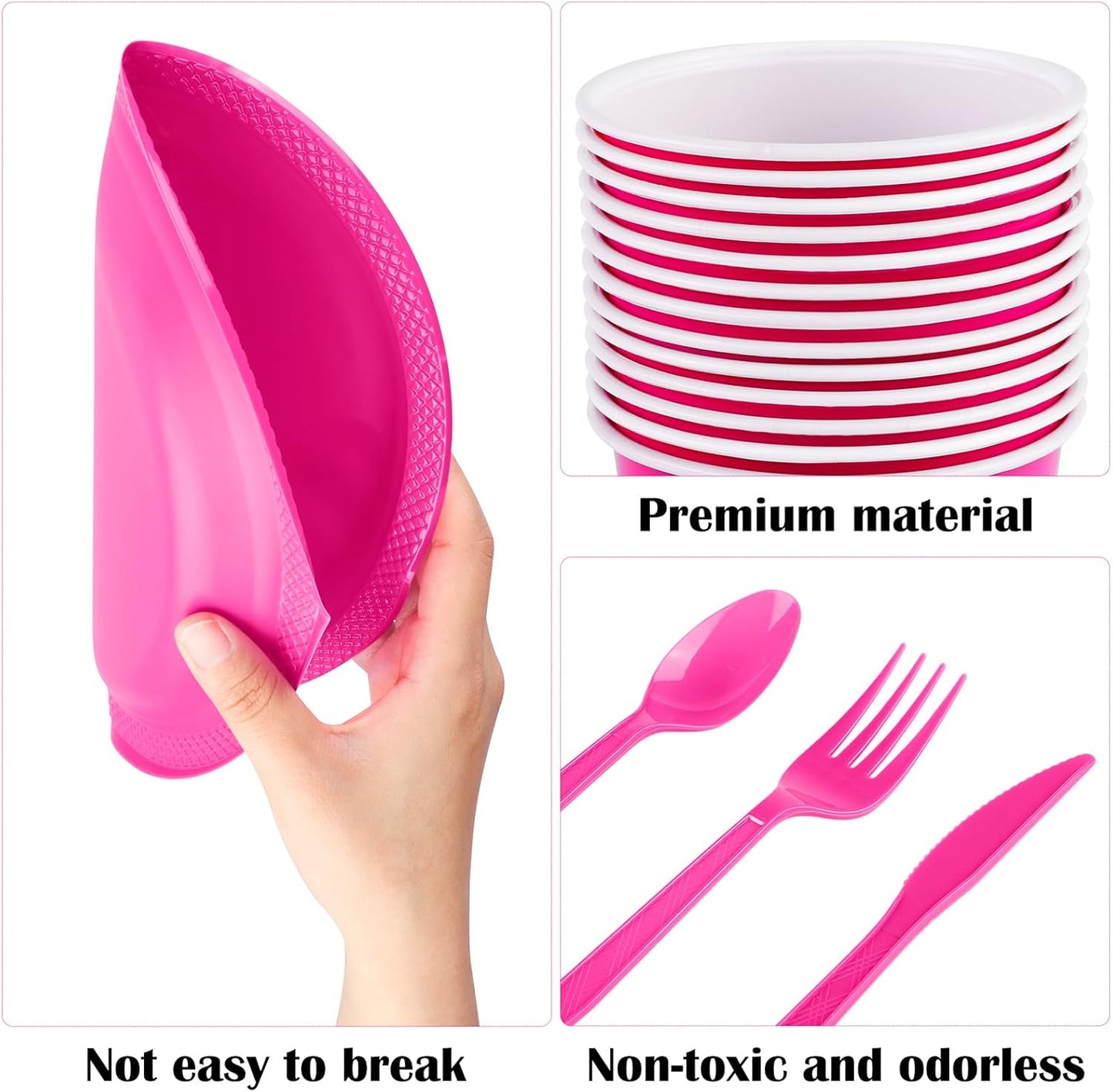 Aodaer 200 Pieces Hot Pink Party Supplies Disposable Dinnerware Set Include Plastic Plates Cups Knives Forks Spoons Paper Napkins for Birthday Wedding Graduation Parties, Serve 25 Guests