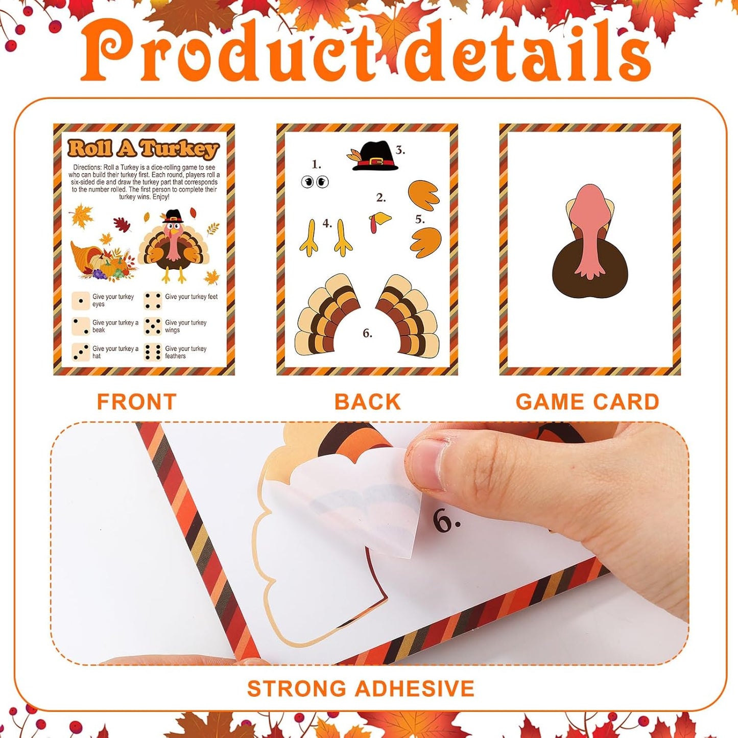 84 Pcs Roll a Turkey Game Thanksgiving Dice Game Include 40 Cards, 40 Turkey Stickers and 4 Dice Thanksgiving Friendsgiving Activities for Family Classroom Harvest Party Supplies