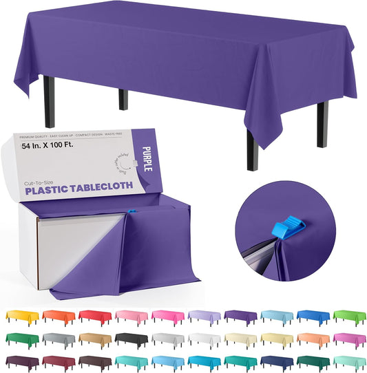 Party Solids 54 Inch X 100 Feet Purple Plastic Table Cover Roll in A Cut - to - Size Box with Convenient Slide Cutter. Cuts Up to 12 Rectangle 8 Feet Plastic Disposable Tablecloths