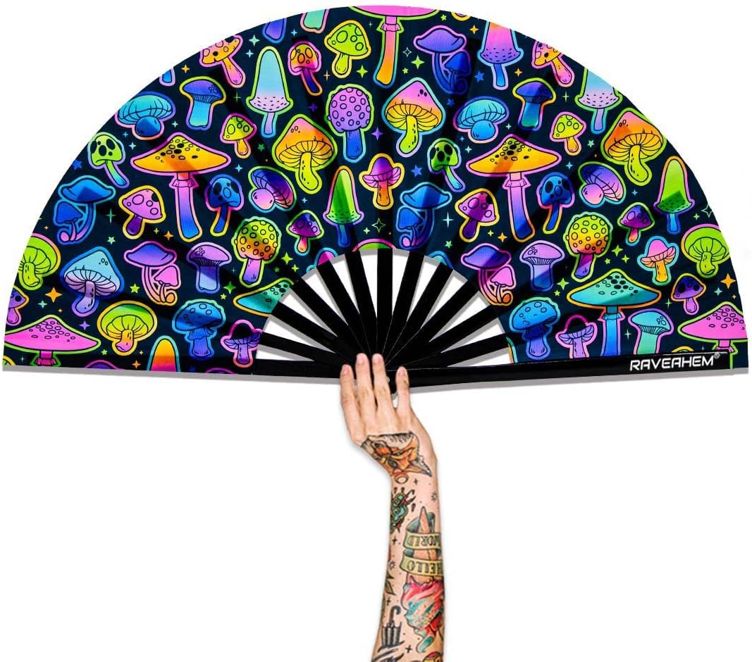 UV Glow Rave Fan, Bamboo Folding Clack Hand Fans Foldable for Men Women, Boots on the Ground Poping Fan for EDM Festival Line Dance Decoration, (Magic Mushrooms, Large 13")