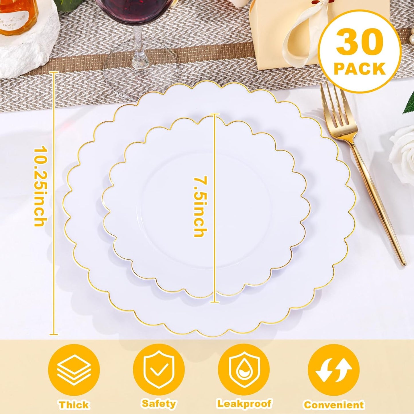 LIYH 60 Pcs White Scalloped Plastic Plates with Gold Rimmed - Gold Disposable Plastic Combo Plates Heavyduty Includes 30 Dessert Plate and 30 Dinner Plate Dishes Tableware for Birthday Party Wedding