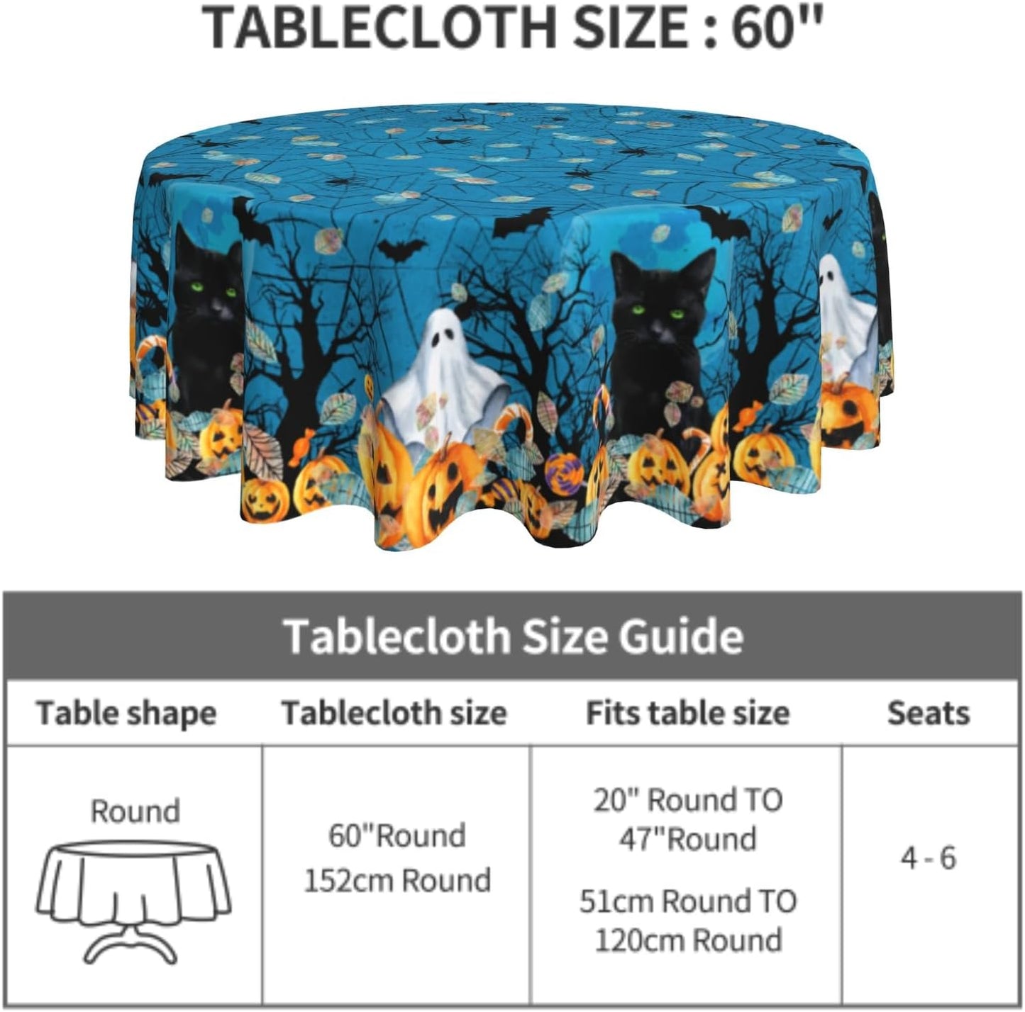 Giwawa Halloween Round Tablecloth, Blue Spooky Ghost Pumpkins Black Cats Bats Spider Web Table Cloth 60Inch for Kitchen Dining, Wipeable Fabric Non-Slip Table Cover for Holiday Picnic Camping Decor