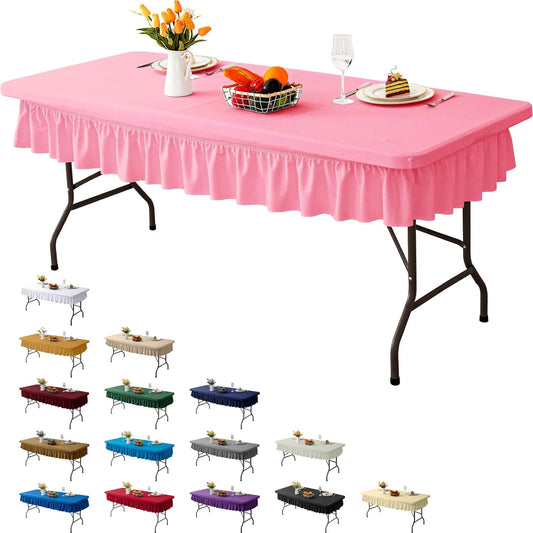 4ft Pink Stretch Tablecloth for Rectangular Tables - Flared Wrap Design, Waterproof, Wrinkle-Resistant, Washable - Ideal for Weddings, Parties, Banquets & Table Protection