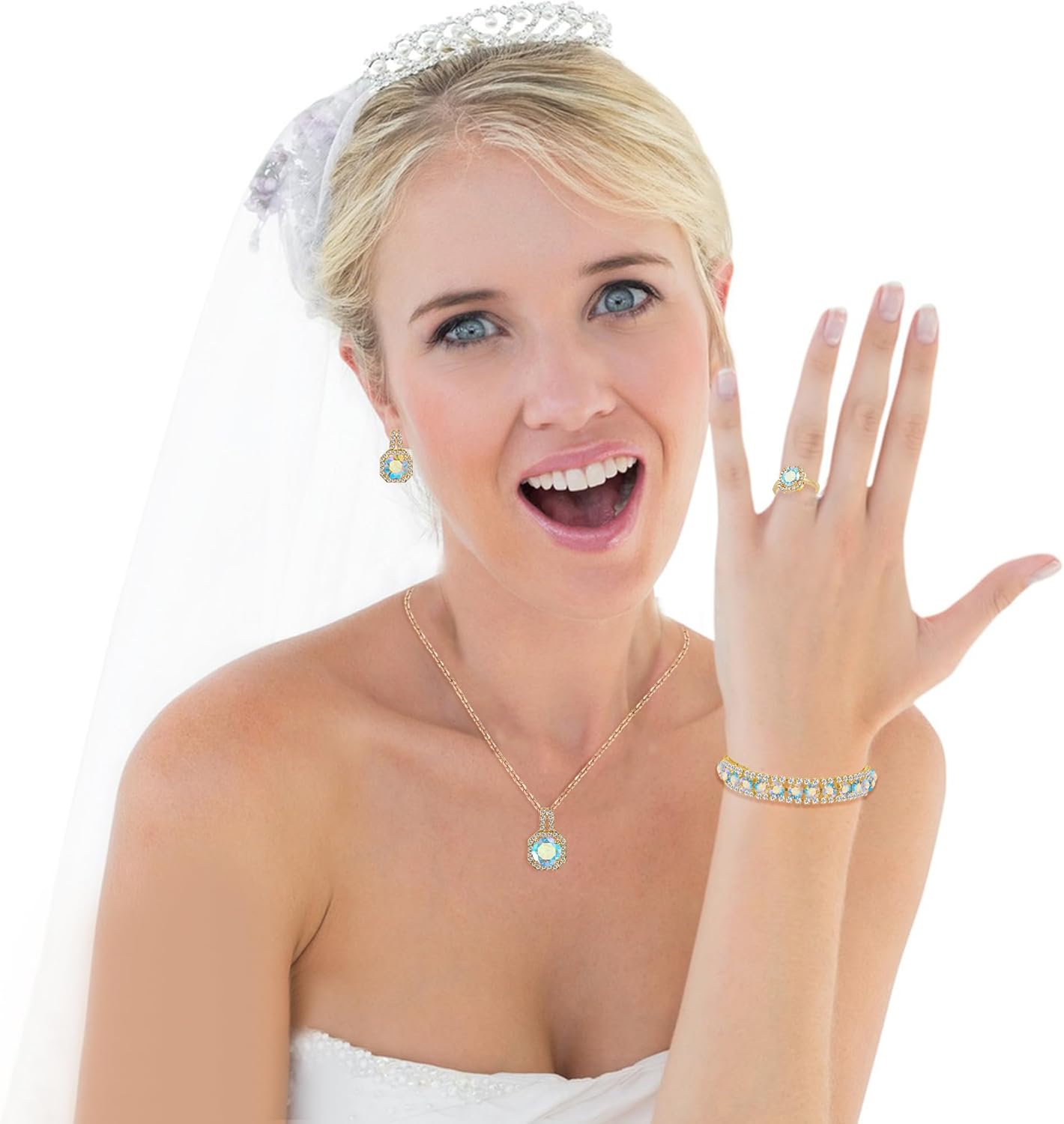 4pcs Cubic Zirconia Wedding Jewelry Sets for Bride Bridesmaid Cubic Zirconia Pendant Necklace Earrings Link Tennis Bracelet Open Ring Set for Women