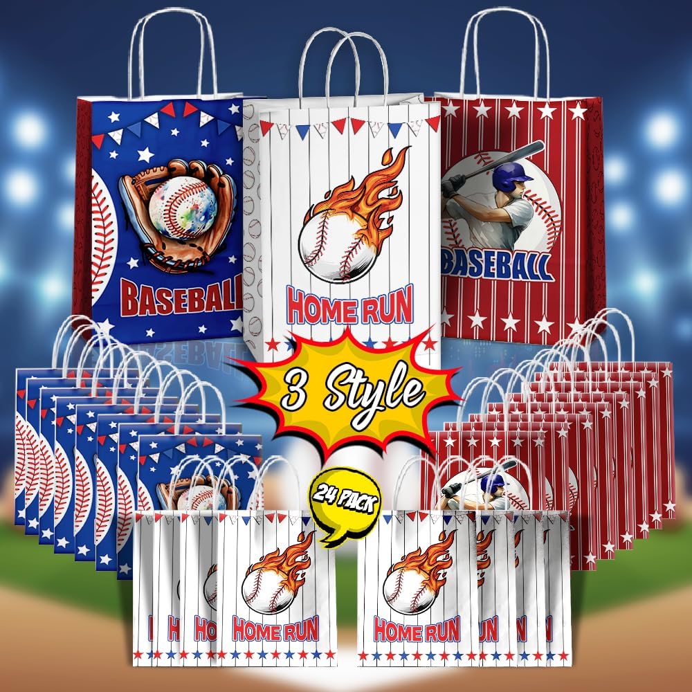 JOYGATHER 24 Pcs Baseball Goodie Bags with Handles, Baseball Party Favors Gift Candy Treat Snack Paper Bags with 3 Different Types for Birthday Party Supplies Decorations
