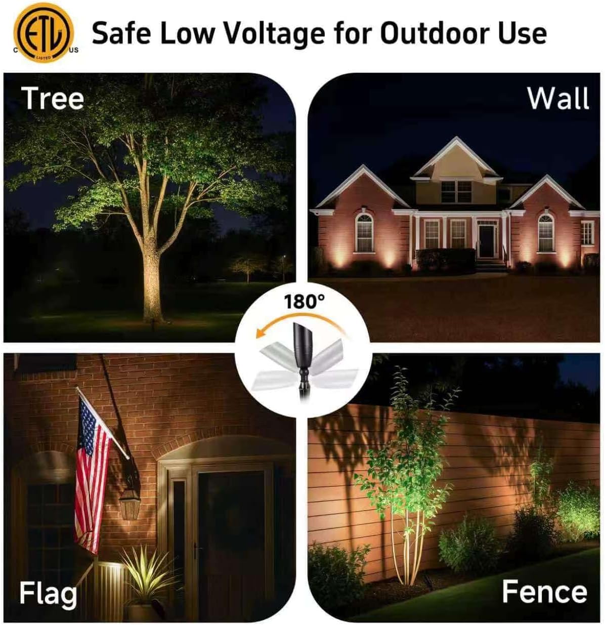 Gardenreet Brass Landscape Lighting - Black Low Voltage Spotlights Outdoor LED, 12V Wired Uplights, Waterproof Spot Lights for Outside Trees with 5W 5000K Daylight MR16 Bulb (4 Pack)