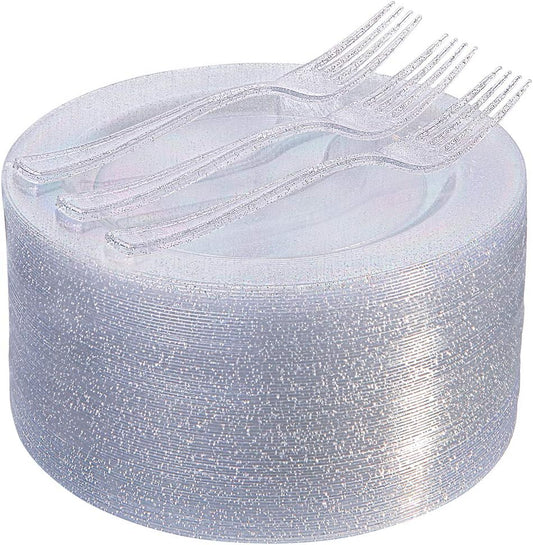 I00000 144Pcs Silver Glitter Dessert Plates Set, Includes 72Pcs Plastic Dessert Plates 7.5",72Pcs Silver Forks 7.4", Plastic Salad Plates for Thanksgiving