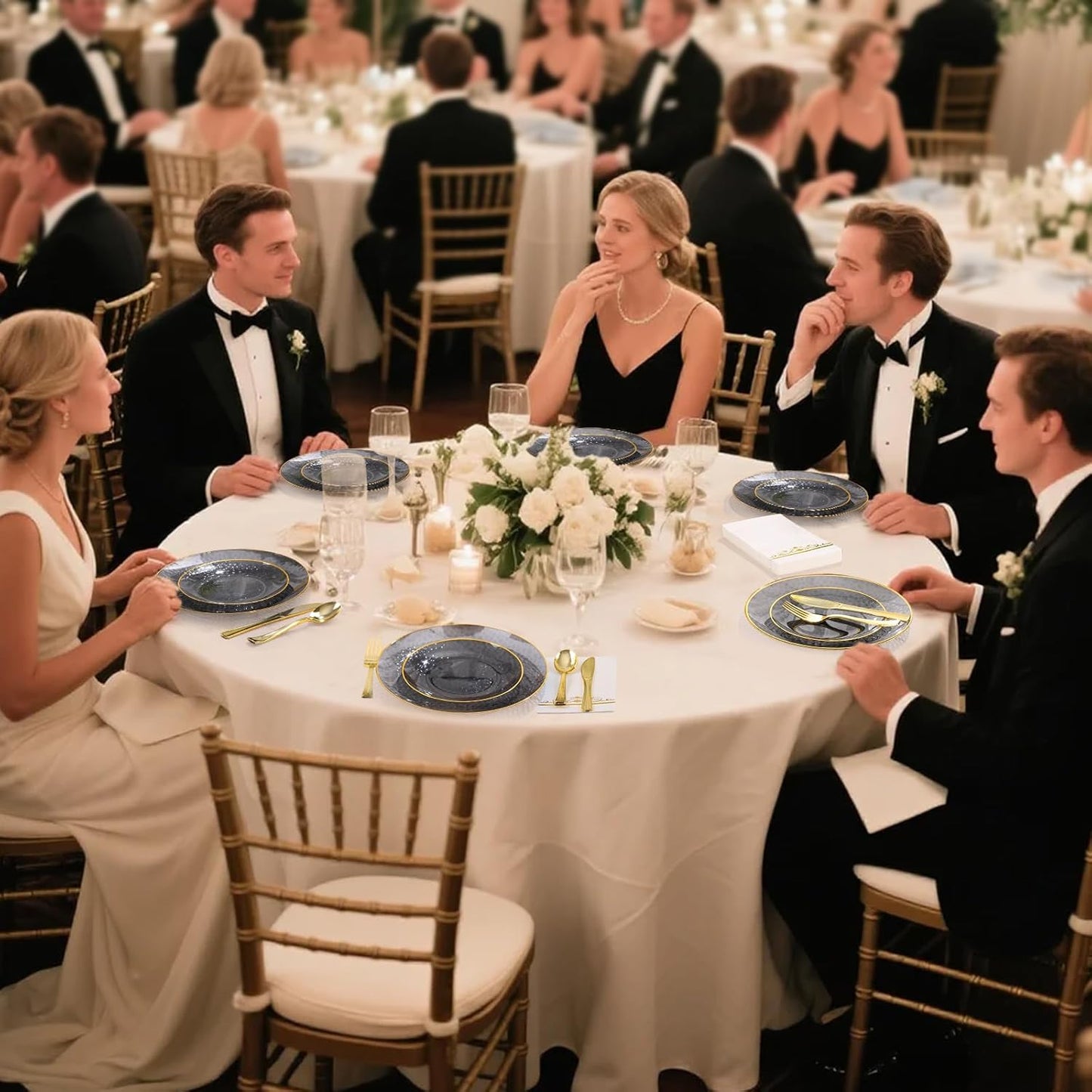 150 Pcs Black and Gold Plates Disposable for Party - Elegant Black Plastic Plates Fancy Disposable Dinnerware for Birthday Party New Year (25 Guests)