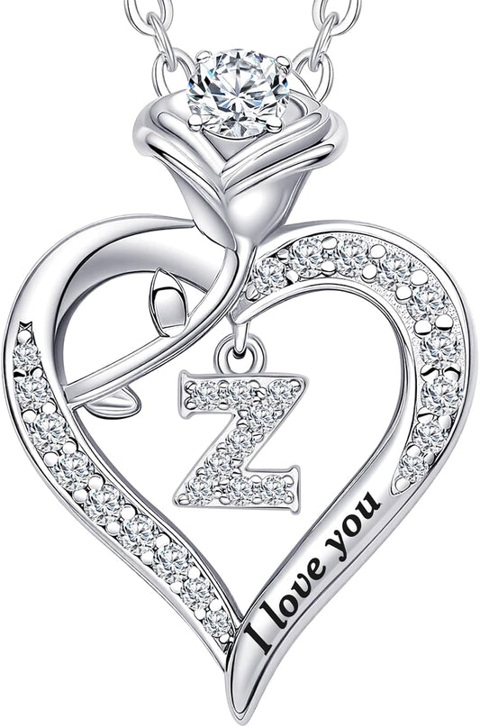 Rose Heart Pendant Necklace Gifts for Wife, Engraved 'I love you' Gift for Wife Girlfriend, Anniversary Birthday Eternity Jewelry Present for Women, Moissanite Necklace Gift for Her