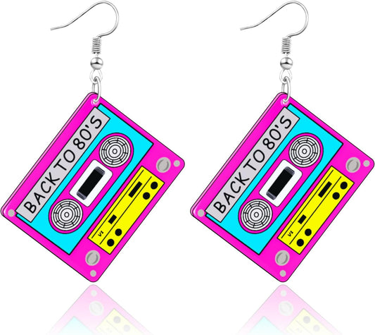 90s 80s Earrings for Women Retro Cassette Tape Earrings Acrylic Radio Tape Drop Dangle Earring for Halloween Cosplay Glow Party Music Festival Costume Accessories