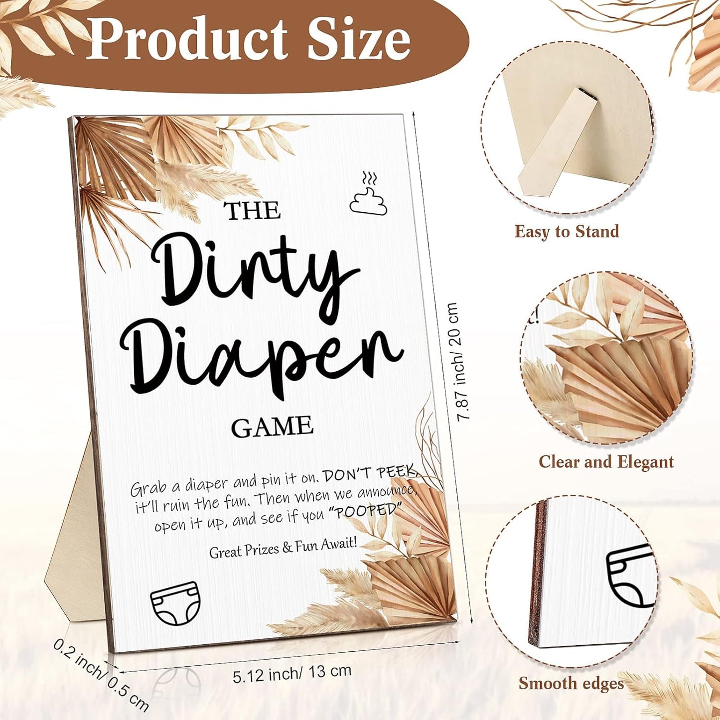 Roowest 51 Pcs Dirty Diaper Baby Shower Games Funny Wooden Sign with 50 Pcs Mini Diapers Cute Felt for Gender Reveal Party Baby Shower(Boho Pink)