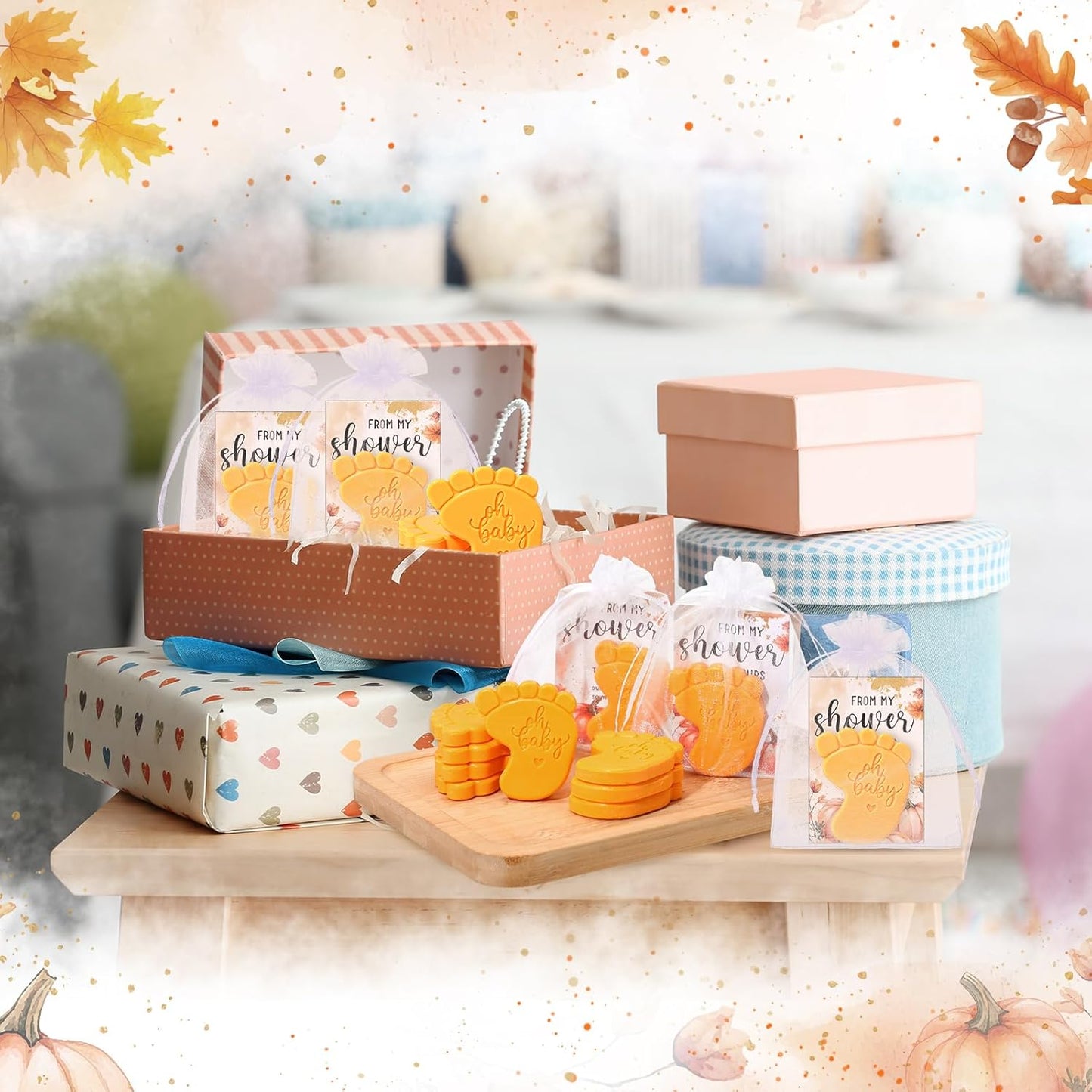 50 Sets Baby Shower Soap Favors for Guests - Mini Handmade Footprint Scented Soap with Thank You Cards and Organza Bag, Party Gifts for Gender Reveal Baptism Shower(Pumpkin Orange)