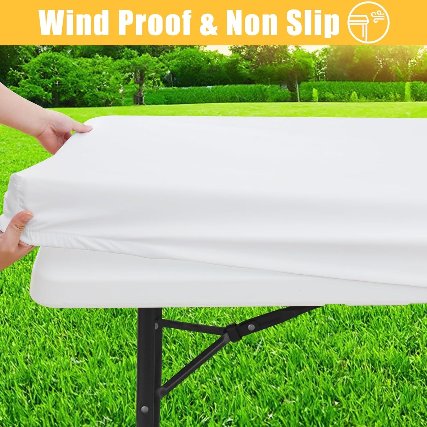 Rectangle Table Cloth, Waterproof Elastic Fitted Tablecloth for 6 Foot Folding Tables, Washable Polyester Tablecloths for Picnic, Camping, Outdoor (White, 30"x72")