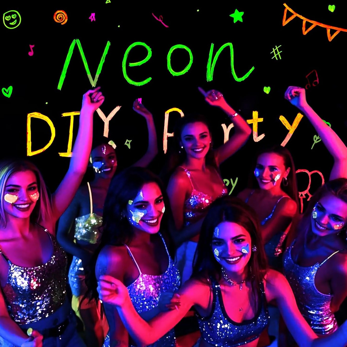 Mega-L Glow In The Dark Party Supplies, Neon Halloween DIY party decorations with 4 fluorescent colored pens, Let’s Glow Photography Background Birthday Graffiti Black Light Photo Booth (5.2x5.9 feet)