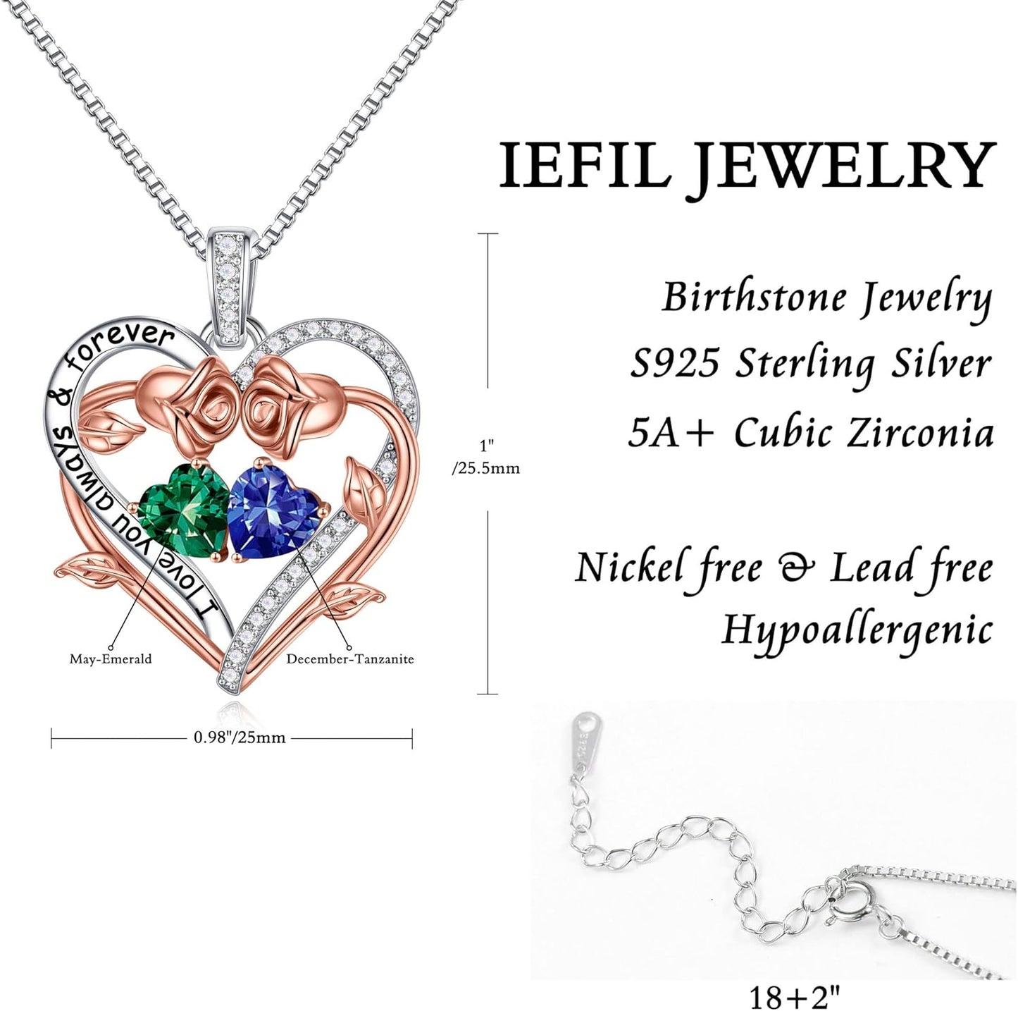 Iefil Rose Heart Double Birthstone Necklace Gifts for Wife Her Mom Women, Birthstone Jewelry Gemstone Birthday Gifts for Girlfriend Grandma Her Wife Women