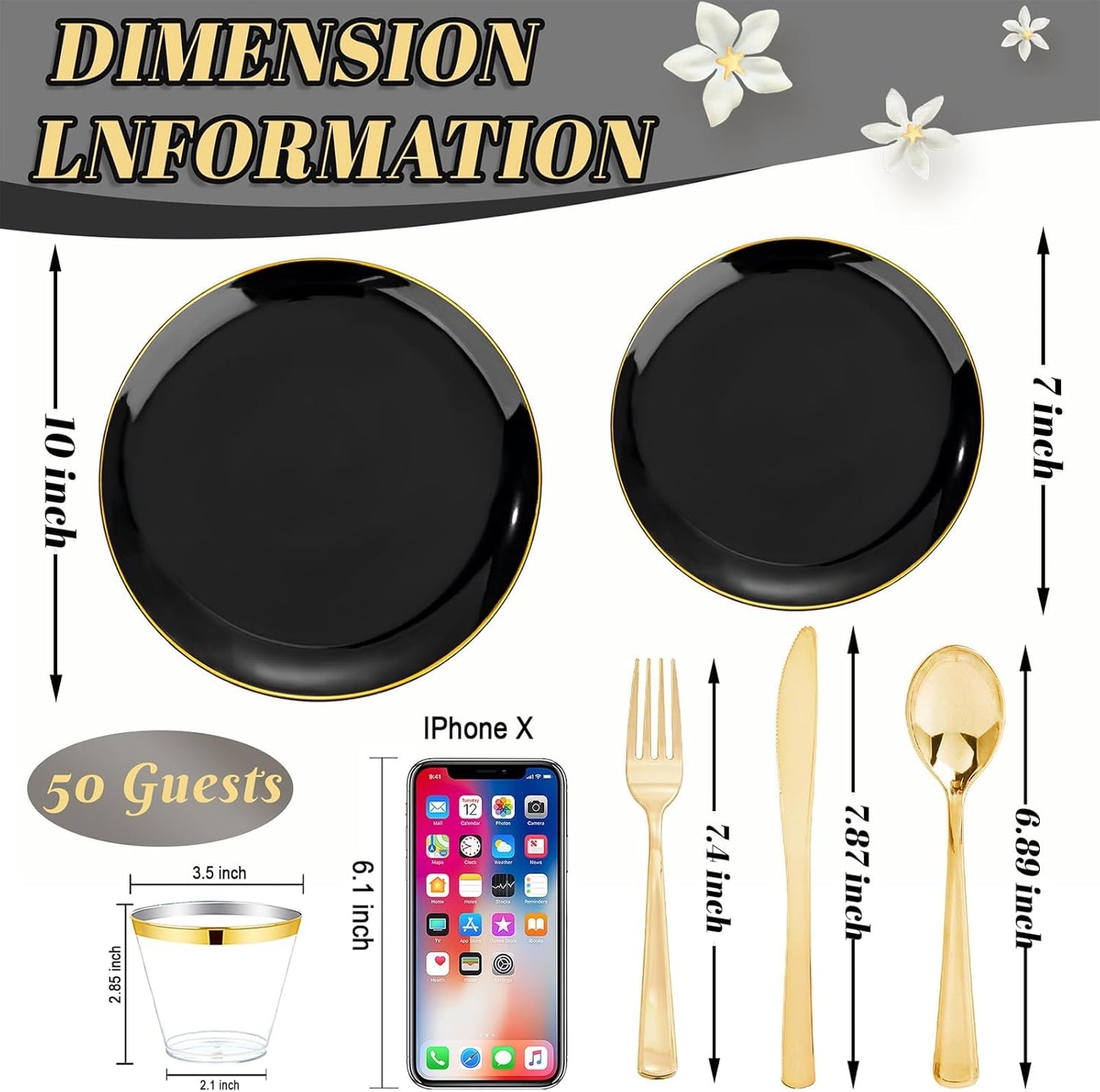 WDF 300PCS Black and Gold Plates - Black Plastic Plates for Party - 50guest Disposable Dinnerware Sets for Party/Wedding/New Year