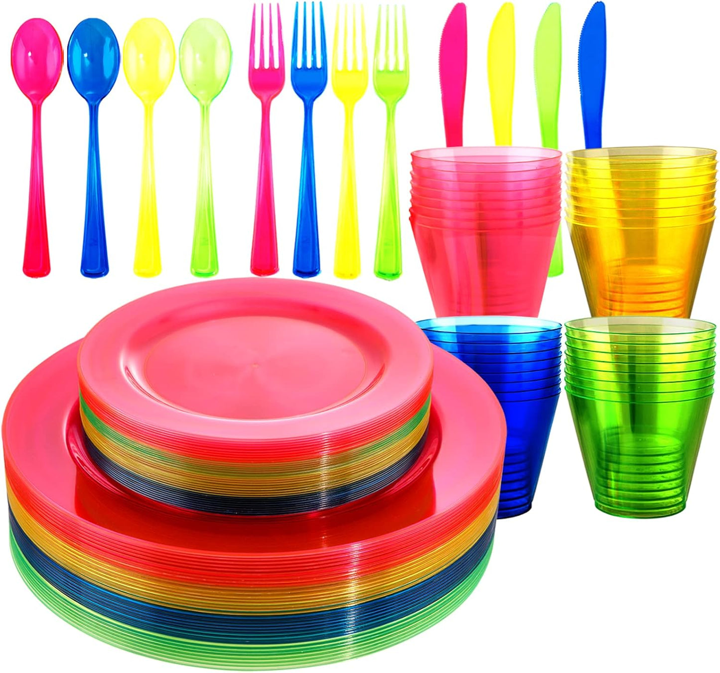Supernal 216pcs Rainbow Plastic Plates for Party Supplies-Hard Disposable Plates Heavy Duty,Colorful Cups,Plastic Silveware in Neon Pink,Blue,Green,Yellow, Pefect for Birthdays,Party