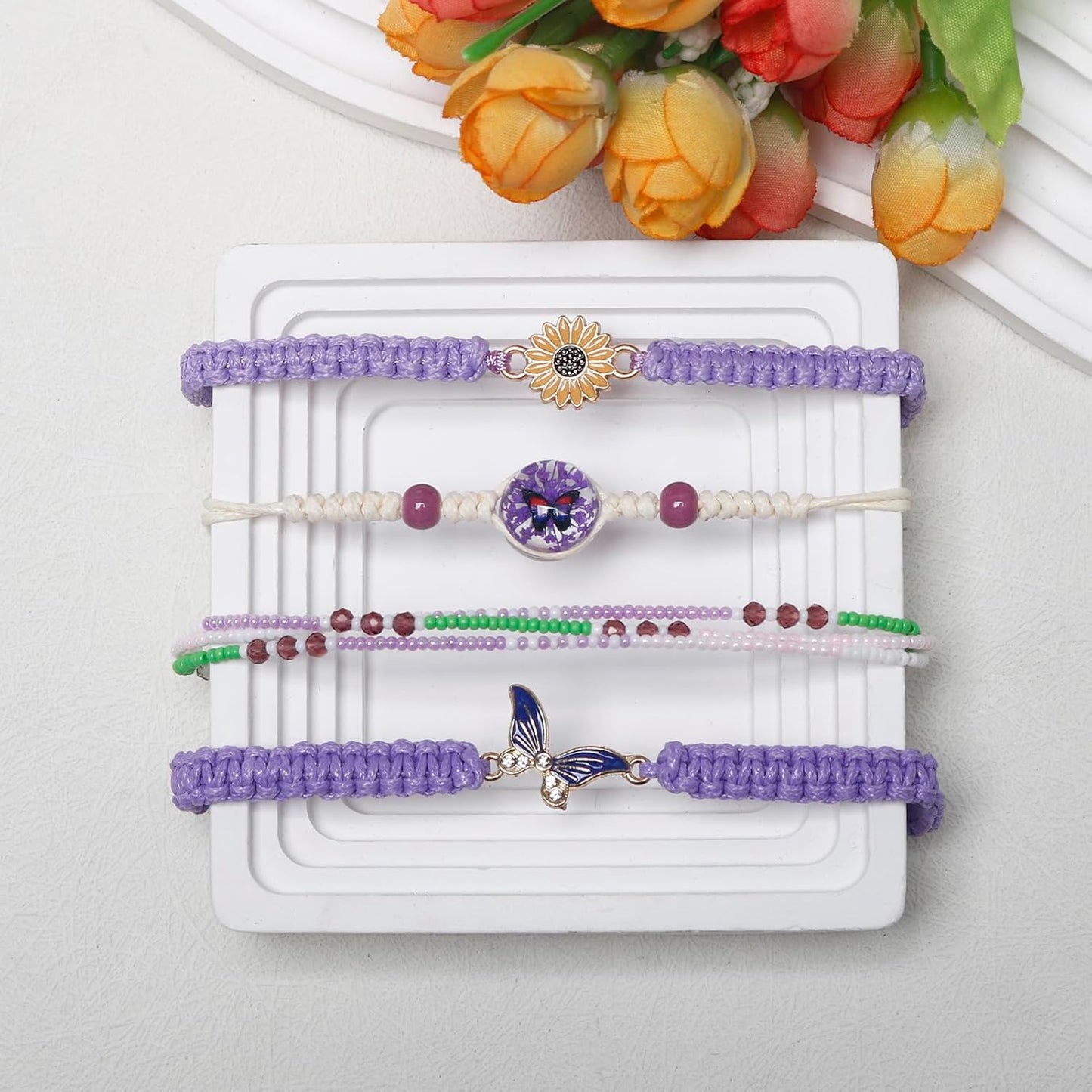 DS 4PCS String beads Charm Bracelets for Teen Girls Dainty cute cartoon Butterfly Daisy Eternal flower Beads Bracelets set for woman and girls Adjustable Stretch bracelet birthday Gift For Friends