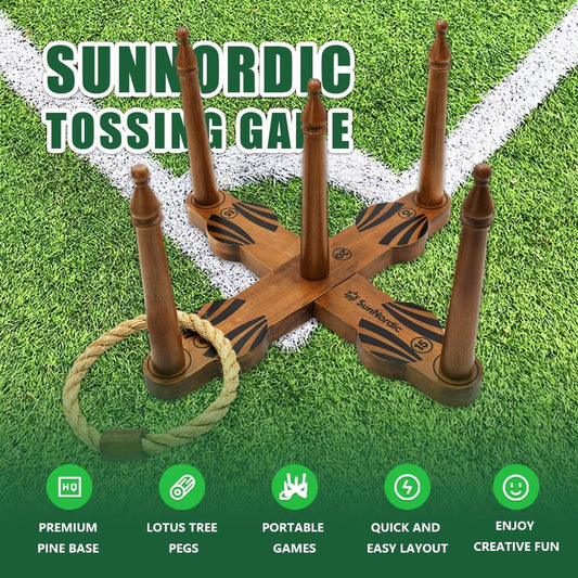 Wooden Ring Toss Game Set, Backyard Beach Camping Game with Toss Rings & Portable Carrying Bag, Outdoor Lawn & Yard Games for Kids, Adults & Family