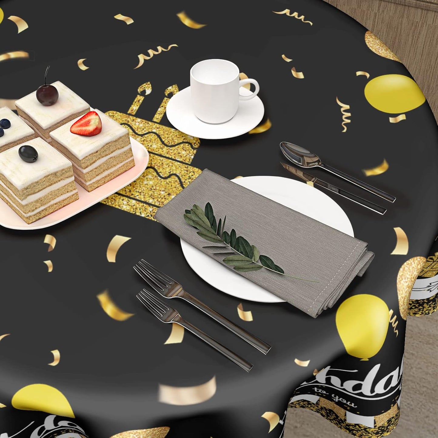 Giwawa Happy Birthday Round Tablecloth 60" Black Gold Birthday Cake Confetti Flags Balloons Gifts Decorative Circle Table Cloth Cover Stain & Wrinkle Resistant for Dining Room Kitchen Indoor Outdoor