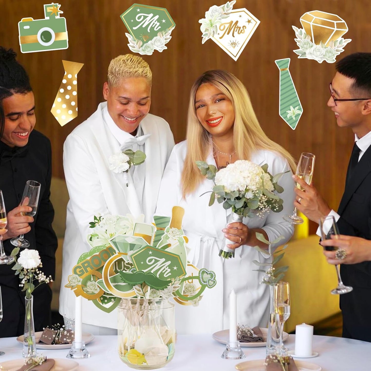 SUNBEAUTY 38 PCS Sage Green Wedding Photo Booth Props,Bridal Shower Photo Props, Engagement Party Decorations, Wedding Decorations for Ceremony Outside, Wedding Party Supplies for Girls