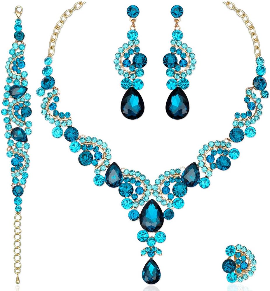 CSY Elegant Crystal Necklace Earrings Bracelet Ring Bridal Wedding Party Costume Jewelry Sets for Brides Women