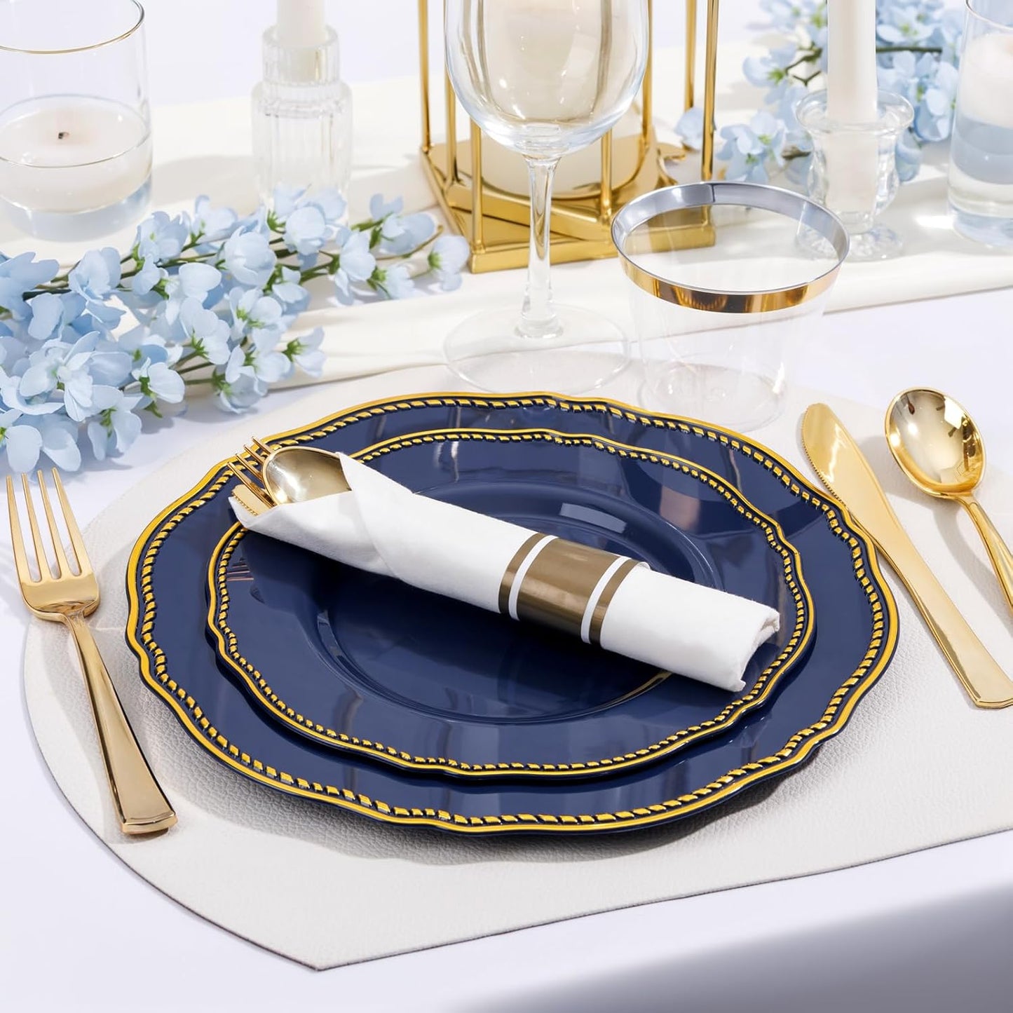 Hioasis 175pcs Blue Gold Plastic Plates - Gold Plastic Dinnerware Set Includes 25 Dinner Plates, 25 Dessert Dinnerware, 25 Cups, 25 Napkins Perfect for Wedding & Party