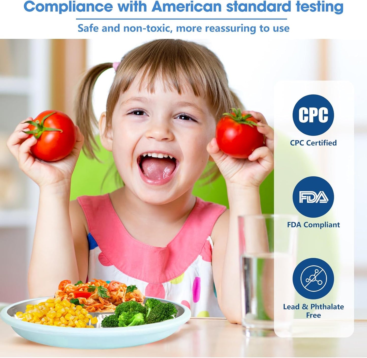 Stainless Steel Kids Plates with Suction (4 Pack, Multicolor) –9 Inch Divided Toddler Plates with Extra-Large One-Piece Silicone Suction Base | Dinner & Snack Plates | BPA-Free