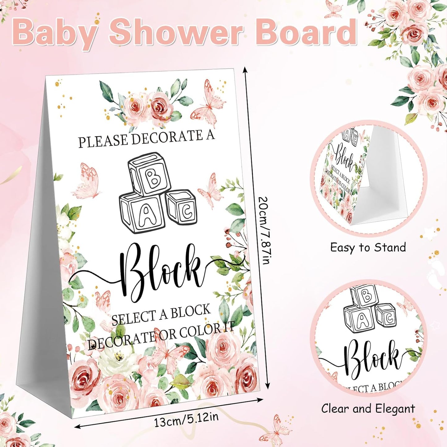 Marsui 136 Pcs Baby Shower Blocks to Decorate Game Kit Includes 98 Wooden Blocks, 36 Markers, 1 Game Sign, 1 Storage Box for Baby Shower Gender Reveal Activity Party Decorations(Flower)
