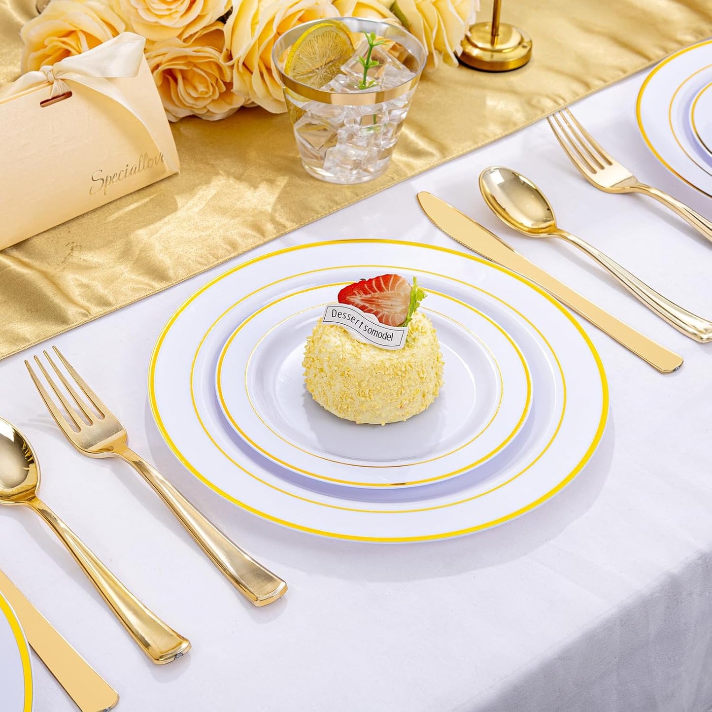 Gold Disposable Dinnerware Set for 100 Guests - 600PC BPA-Free Plastic Plates & Cutlery Kit with 100 Dinner Plates, Salad Plates, Forks, Knives, Spoons & Cups for Wedding, Party, Catering (Heavy-Duty)