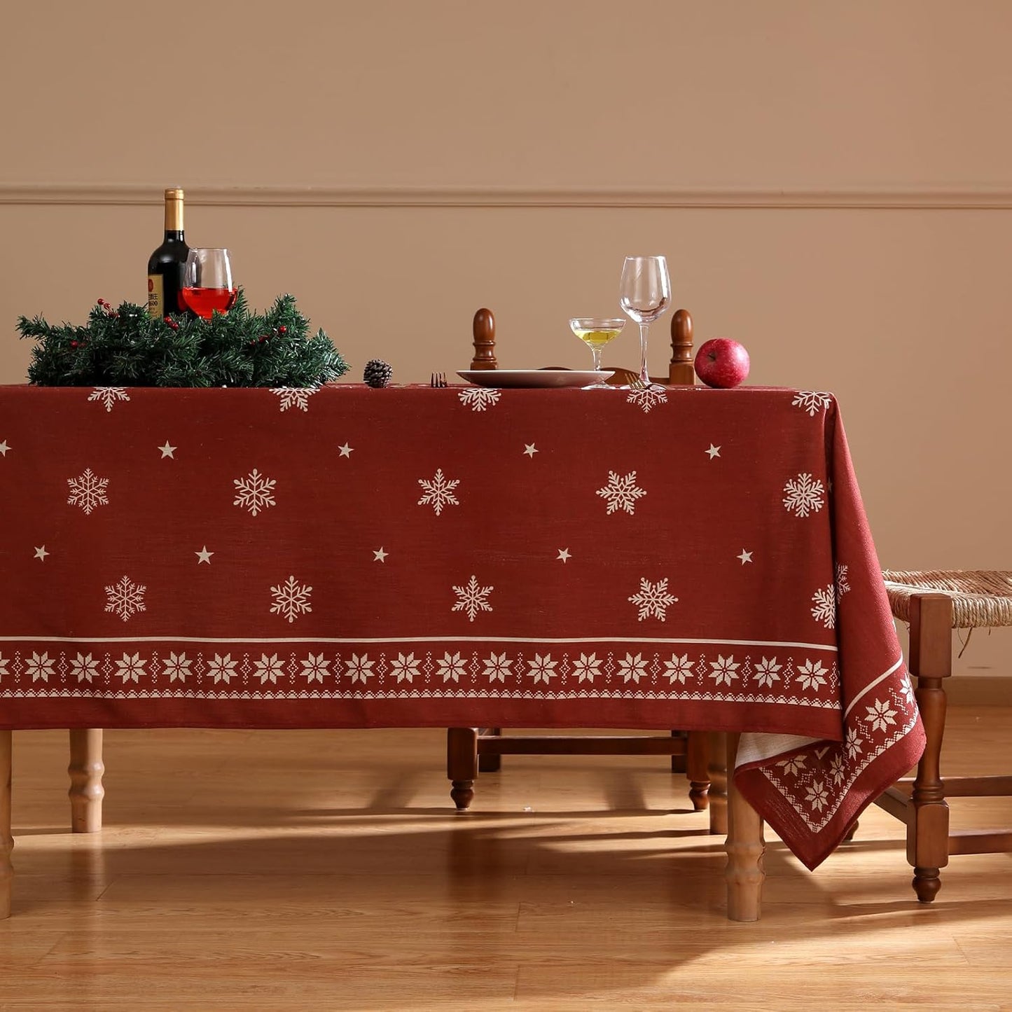 ISAENNE Designer Christmas Red Square Tablecloth,Linen Table Cloth with Snowflakes Pattern,Wrinkle Resistant Decor Tablecloths for Dining Kitchen Thanksgiving Christmas,67"*67"-Carol C