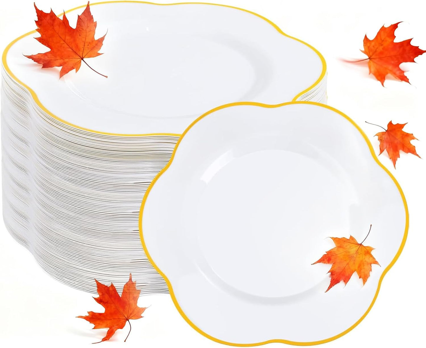 Liacere 100PCS Gold Plastic Plates - White and Gold Dinner Plates - with Gold rim10inch Heavy Duty Disposable Plates, Perfect for Wedding & Party & Holiday & Afternoon Tea &Fall Decor& Thanksgiving