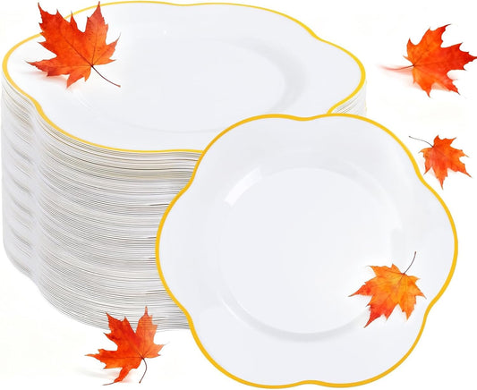 Liacere 100PCS Gold Plastic Plates - White and Gold Dinner Plates - with Gold rim10inch Heavy Duty Disposable Plates, Perfect for Wedding & Party & Holiday & Afternoon Tea &Fall Decor& Thanksgiving