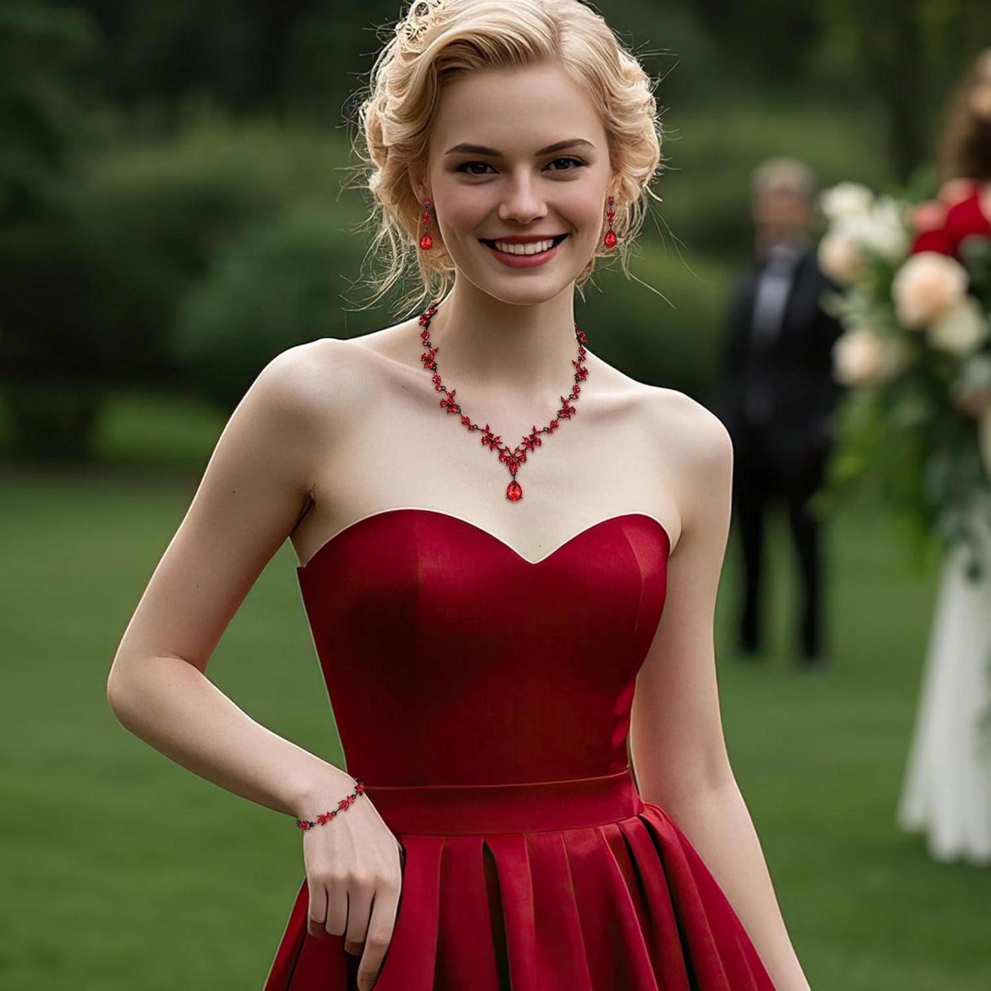 BriLove Wedding Jewelry Set for Women Bride, Y-Necklace Tennis Bracelet Dangle Earrings Crystal Teardrop Marquise Cluster for Bridal Bridesmaid