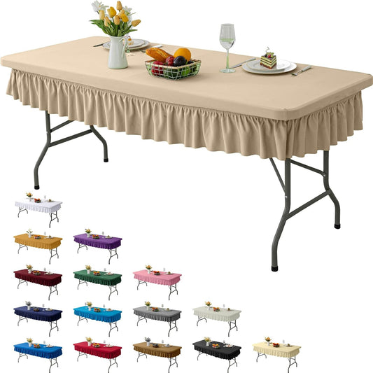 8ft Khaki Stretch Tablecloth for Rectangular Tables - Flared Wrap Design, Waterproof, Wrinkle-Resistant, Washable - Ideal for Weddings, Parties, Banquets & Table Protection