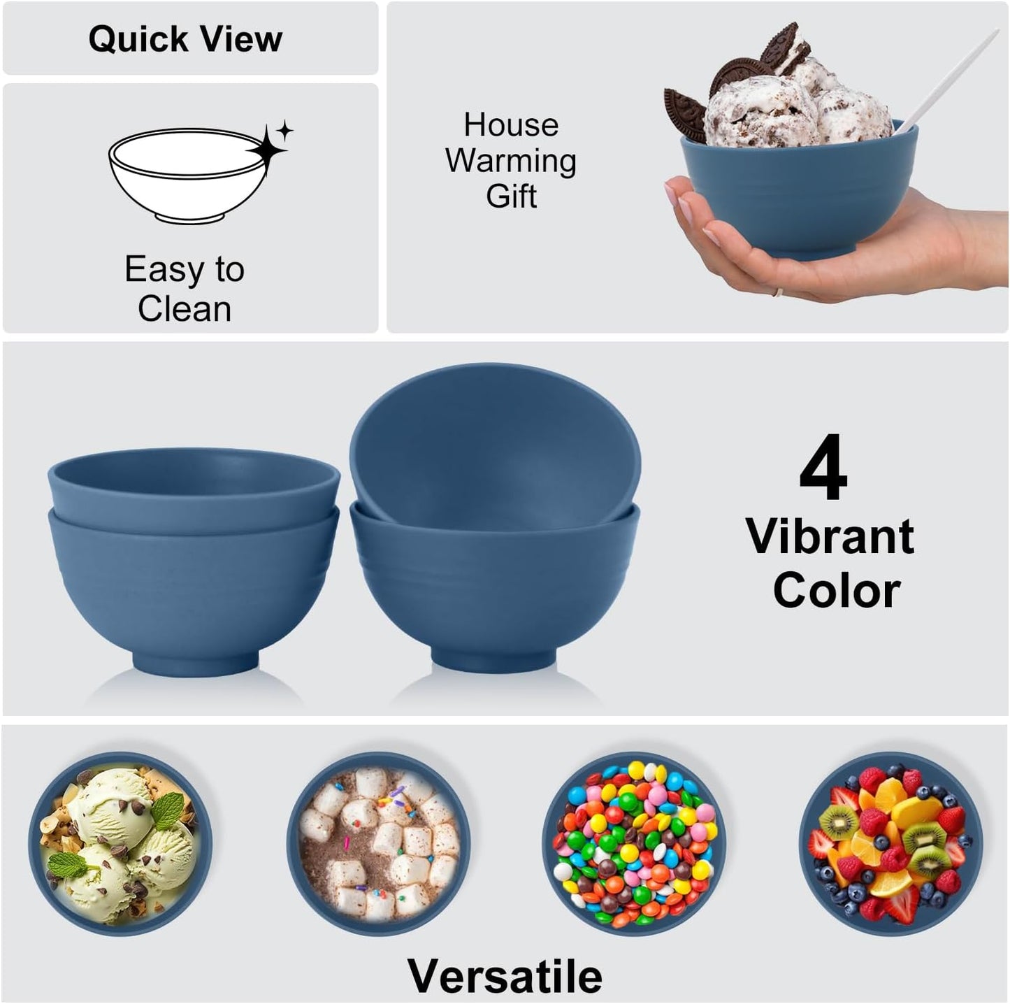 Wrova wheat straw dessert bowls 10oz set of 8 - Unbreakable snack Bowls Dishwasher Safe - Handy Bowls for Ice Cream,Yogurt and Fruits. Blue