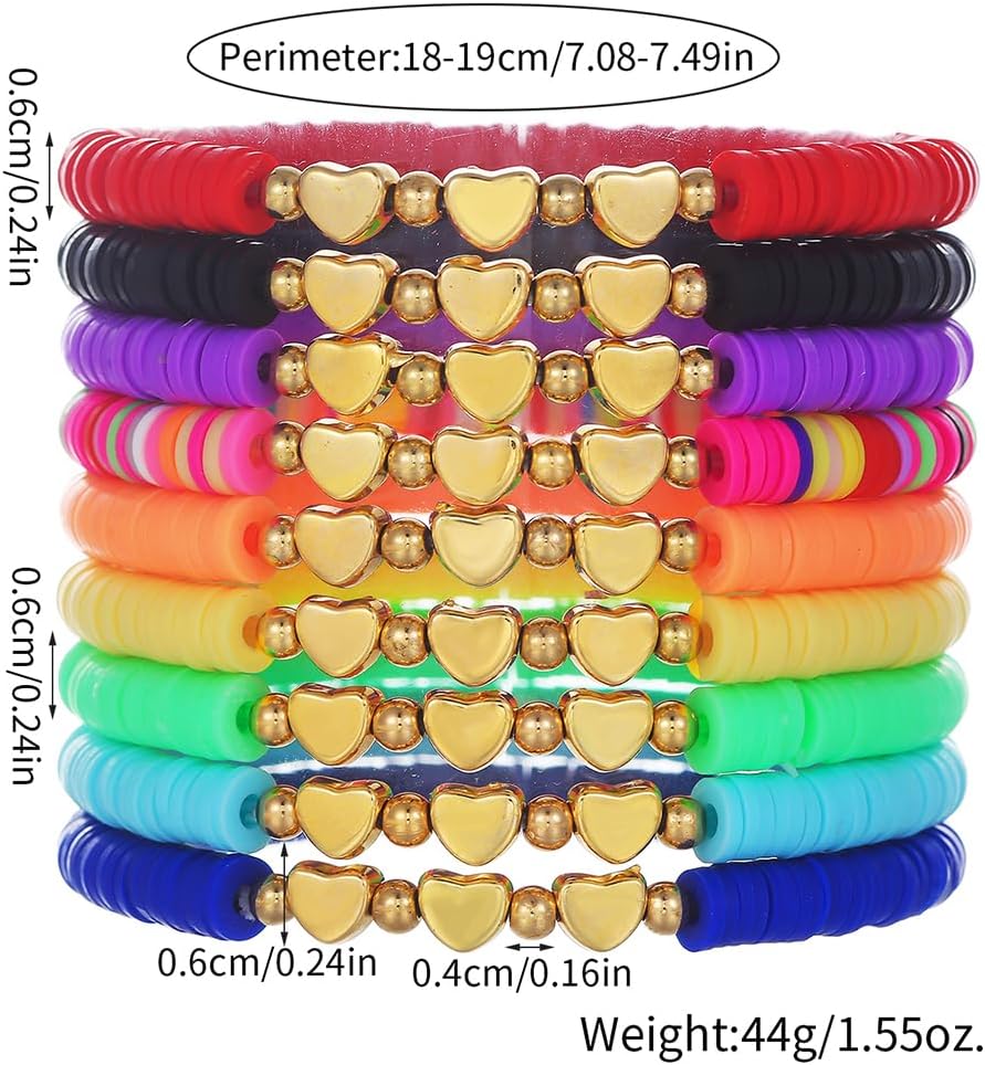 Friendship Bracelets for Women - Heishi Surfer Colorful Smile Evil Eye Clay Beaded Stretch Bracelets Elastic Layering - Stackable Boho Disc Y2K Aesthetic Summer Jewelry Set.