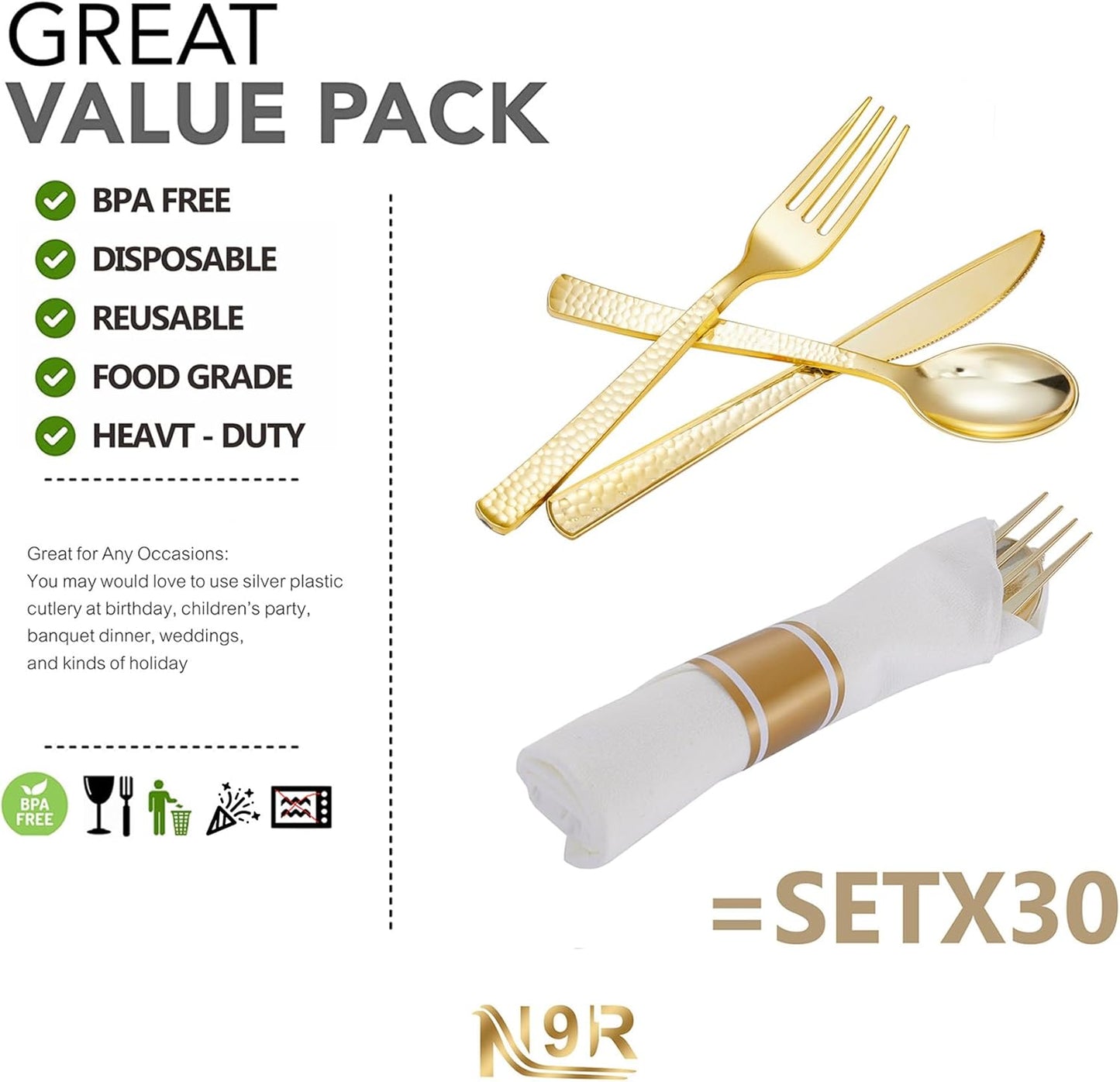 N9R 30 Pack Pre Rolled Gold Plastic Cutlery Set, Wrapped Plastic Silverware Set with 30 Forks, 30 Knives, 30 Spoons and 30 Napkins, Disposable Cutlery Set for Party and Wedding