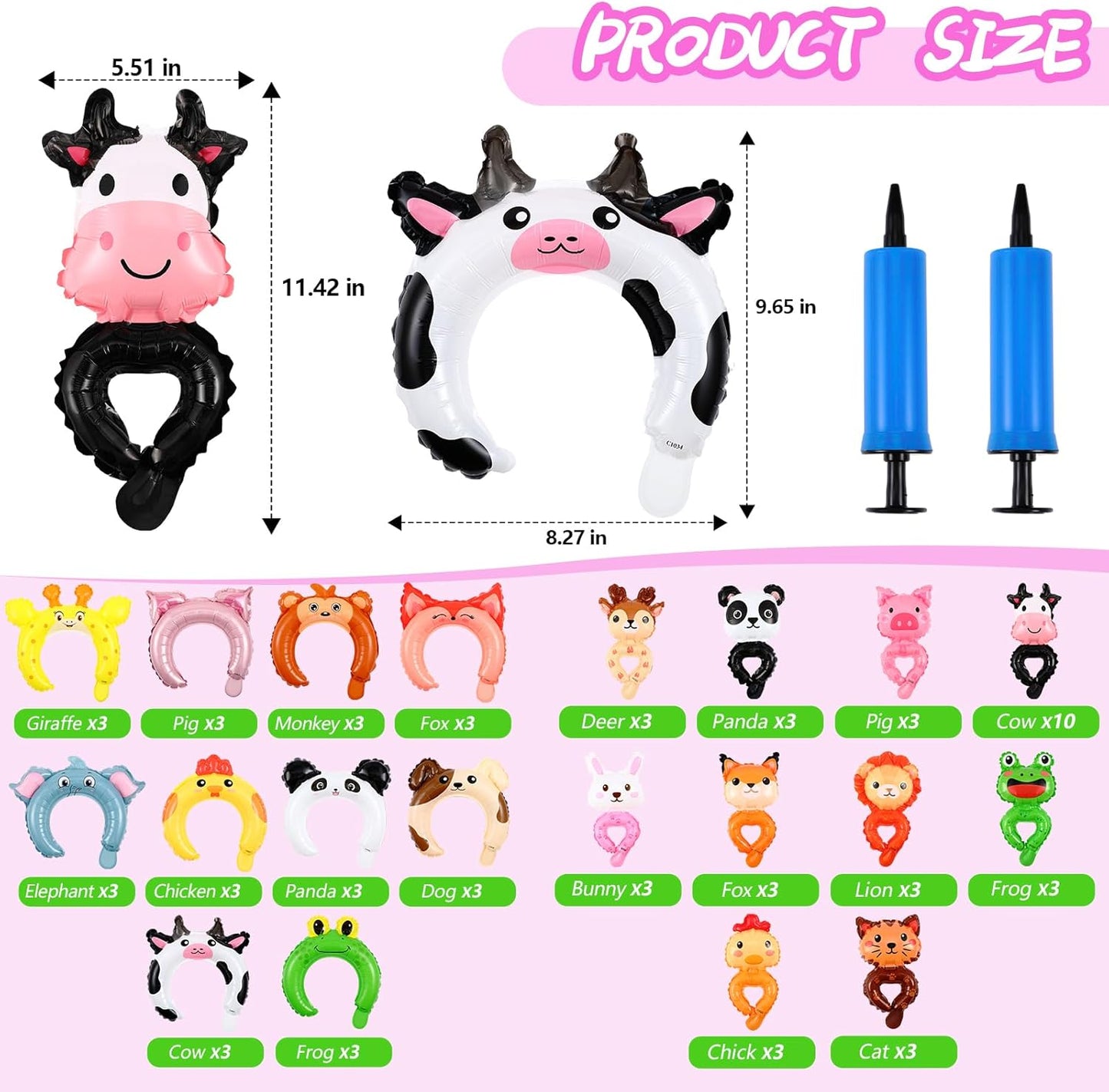 Libima 200 Pcs Zoo Animal Inflatable Party Set, Inflatable Headbands & Wrist Balloons with Manual Air Pump, Cartoon Animal Decor for Kids Birthday, Carnival, Christmas, School Classroom Activities