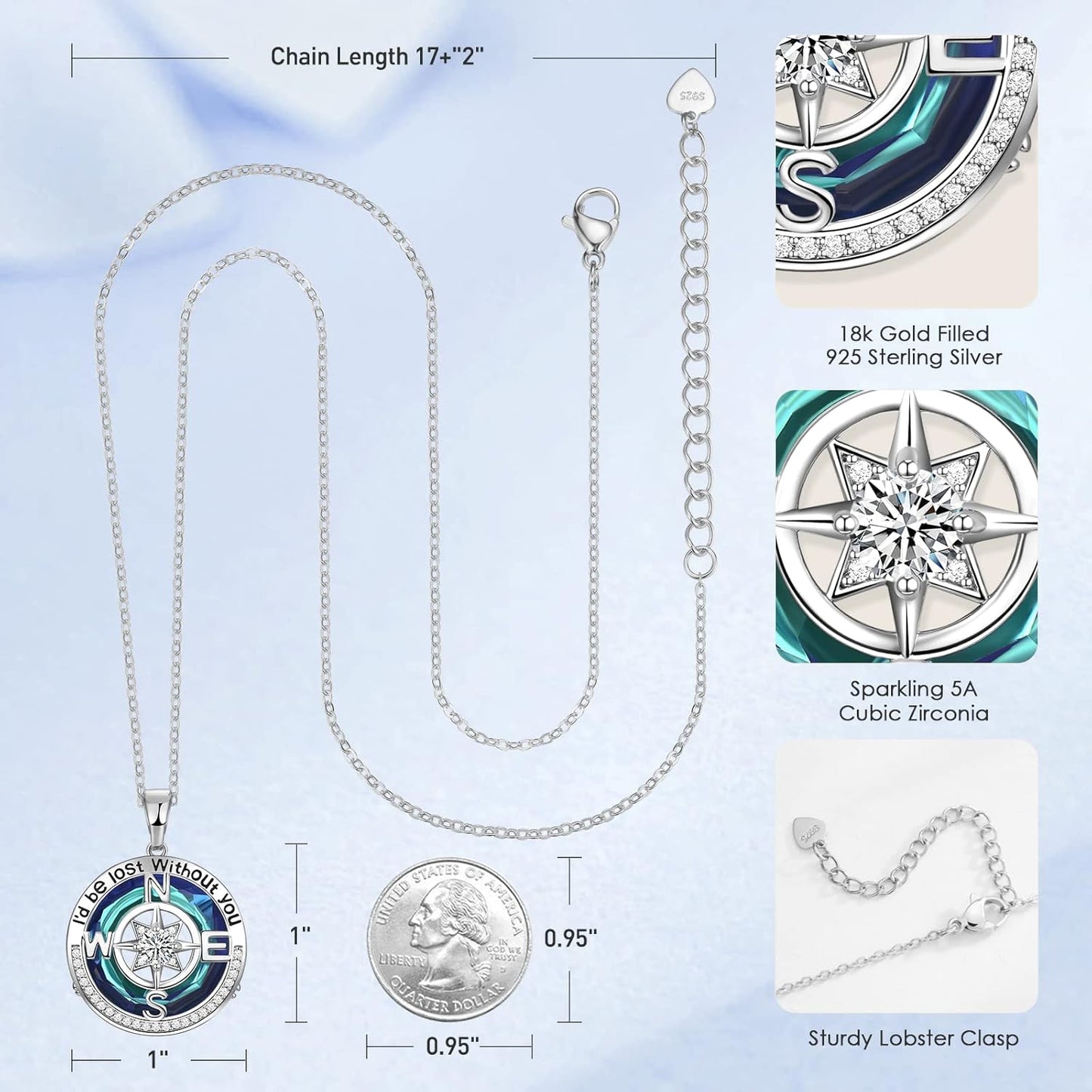 Compass Necklaces for Womens Jewelry for Wife Birthday Gift Ideas Wedding Anniversary Birthday Gifts for Her Gifts for Wife Sapphire Jewelry for Women, 18k Real Gold Filled S925 Sterling Silver Based